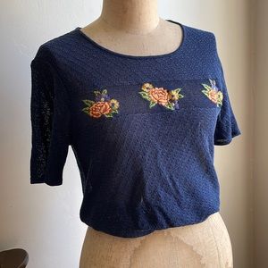 Vintage navy embroidered T-shirt with floral design